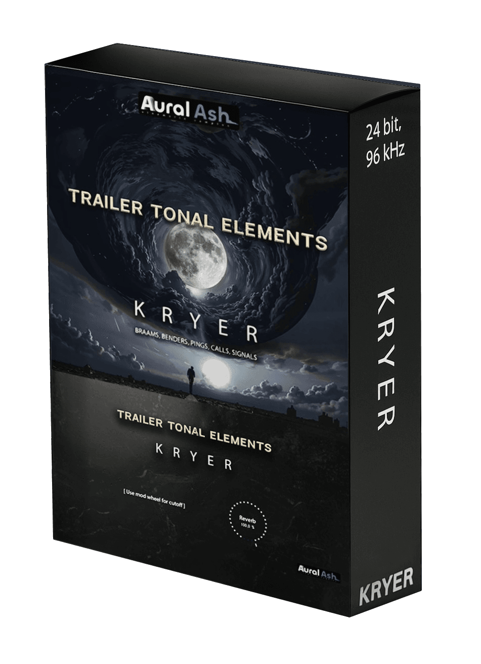 KRYER Trailer Tonal Elements Kontakt Library cover artwork with a moon-lit creature above a violet landscape.